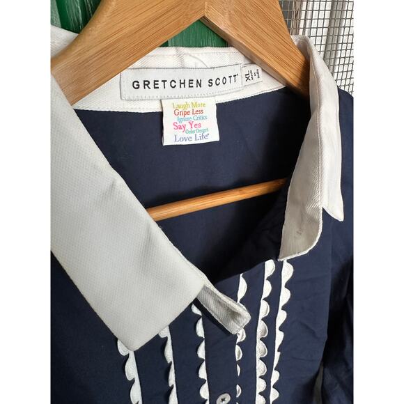 Gretchen Scott Ric Rac Roc Blouse Navy Button-Up Size Large - Picture 2 of 7